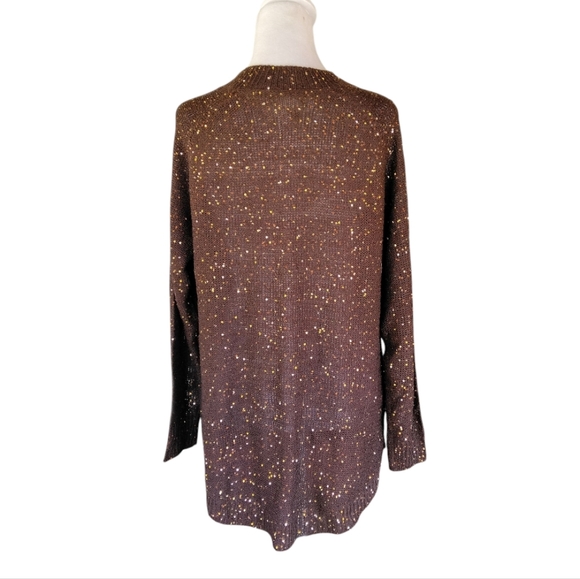 Soft Surroundings Chocolate Brown Gold Sequin Open Knit V Neck Size Medium - Picture 6 of 9